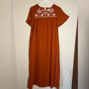 Rust Embroidered Short-Sleeve Maxi Dress